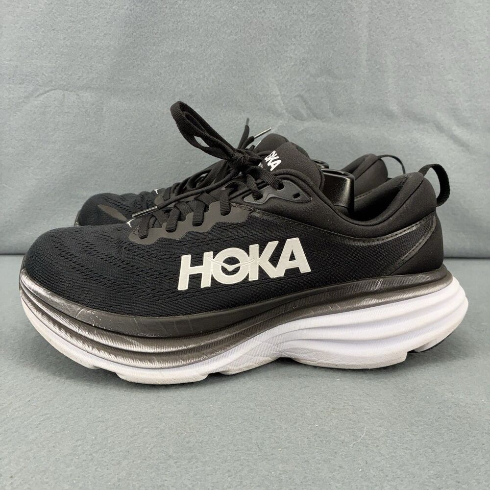 HOKA Bondi 8 Wide Mens 10 D Black White Running Shoes 1127954 BWHT